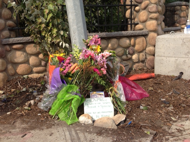 A memorial grows at the site of a crash on Elbow Drive.
