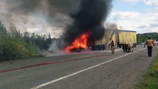 A witness tells Global News that a car heading southbound crossed into the path of the truck heading northbound and the two collided head-on.
