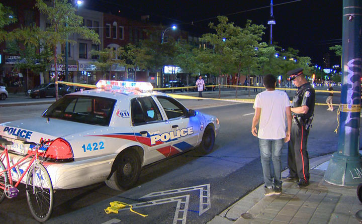 Police are searching for a suspect after a cyclist was struck by a car in the downtown area early Saturday morning.
