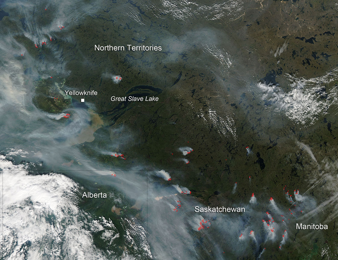 Taken on Aug. 12, this satellite image shows the fires that are raging across central Canada.
