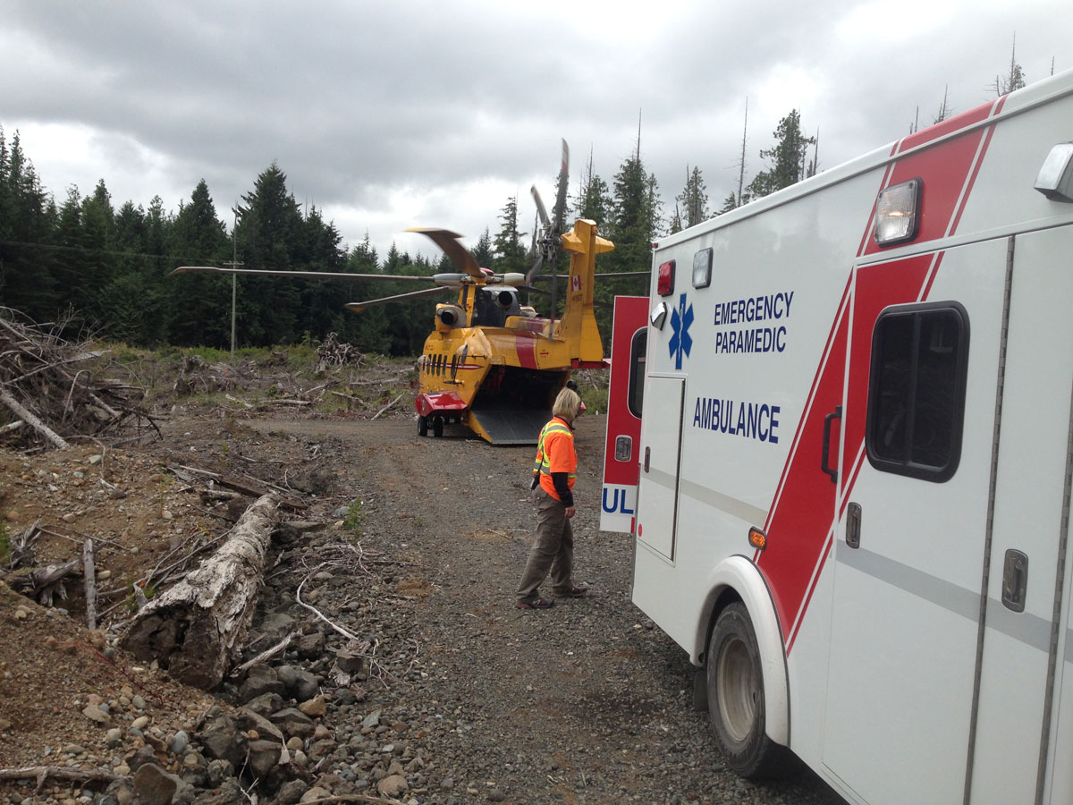 The crew of a Cormorant helicopter receives a patient from BC Ambulance paramedics at a logging road near Holberg B.C. on Vancouver Island, Monday afternoon, August 12 2013.