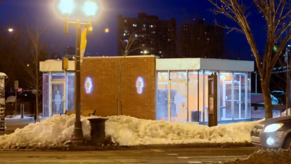 Screen grab from i-Cup documentary of the public washroom at the corner of Whyte Avenue and Gateway Boulevard in Edmonton.