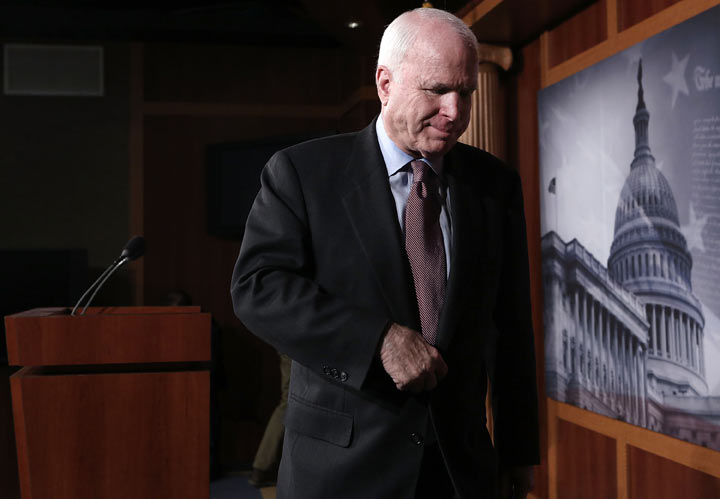  Sen. John McCain tells reporters at the White House that Obama's intervention now will be more difficult because Assad "is moving his forces around." Both McCain and Sen. Lindsay Graham questioned the wisdom of the administration publicly signalling in advance its intention to strike.
