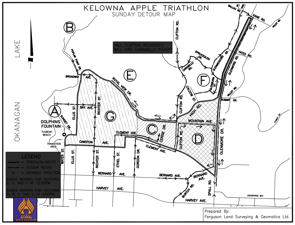 Map of Apple Triathlon road closures and detours. 