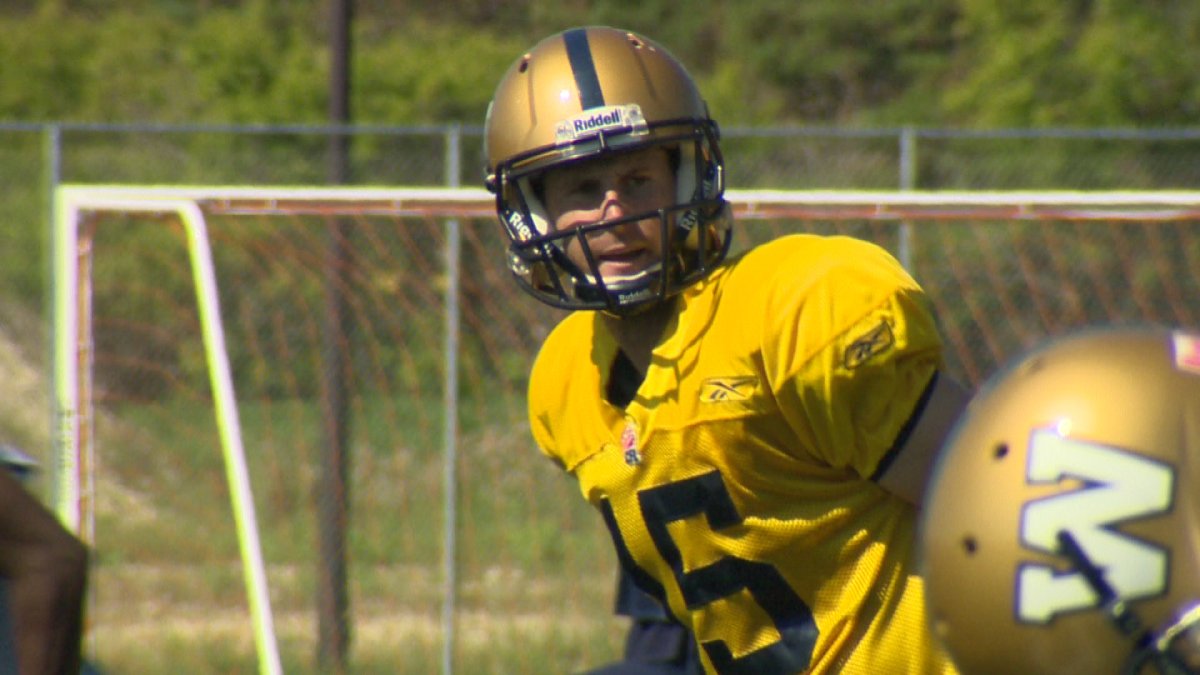 Bombers quarterback Max Hall practices Aug. 12 after being named the team's number one pivot late last season.