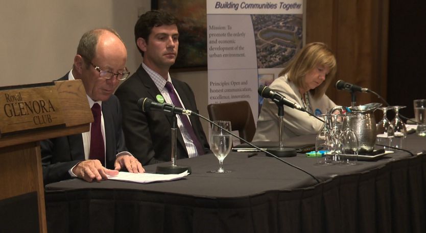 Current City Councillors Kerry Diotte, Don Iveson, and Karen Leibovici at a mayoral forum.
