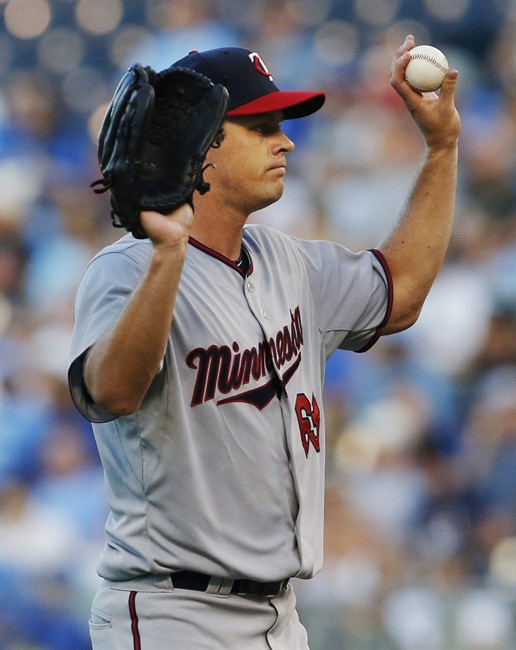Minnesota Twins starting pitcher Andrew Albers (63) asks for a new ball during the first inning of a baseball game against the Kansas City Royals at Kauffman Stadium in Kansas City, Mo., Tuesday, Aug. 6, 2013. (AP Photo/Orlin Wagner)