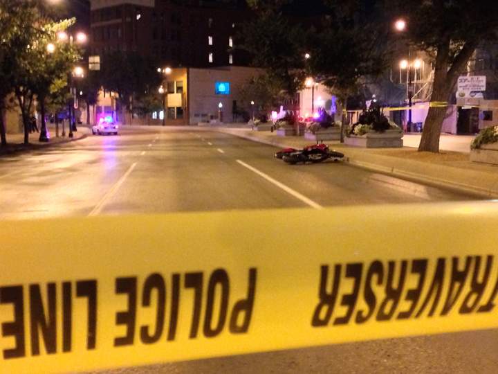 A motorcycle hit the Median on downtown Main Street early Tuesday morning, sending the rider to hospital in critical condition.