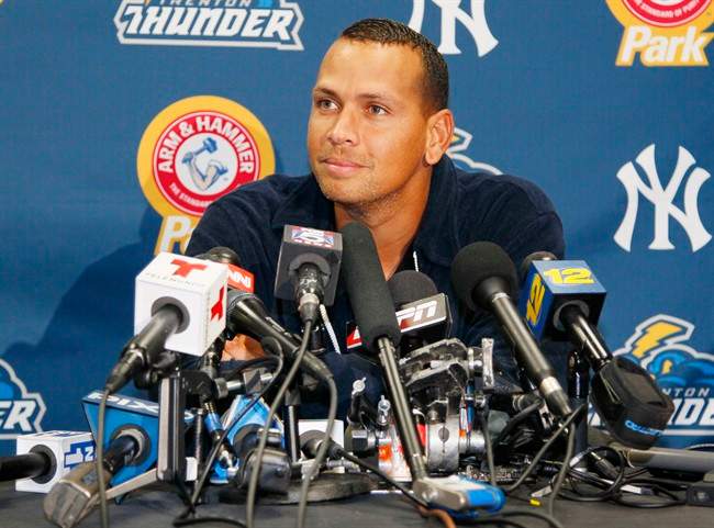 New York Yankees' Alex Rodriguez answers questions from the media at a news conference following a Class AA baseball game with the Trenton Thunder against the Reading Phillies, Friday, Aug. 2, 2013, in Trenton, N.J. 