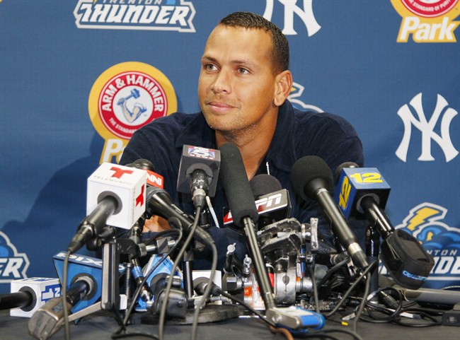 New York Yankees' Alex Rodriguez answers questions from the media at a news conference following a Class AA baseball game with the Trenton Thunder against the Reading Phillies, Friday, Aug. 2, 2013, in Trenton, N.J. 