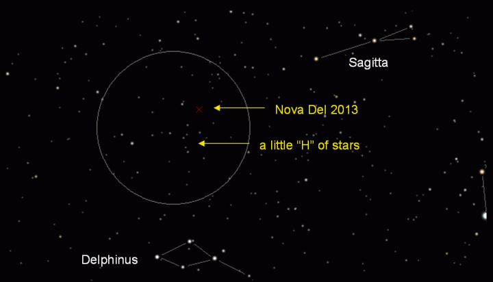 A typical binocular view of the area where the nova can be seen. (Map courtesy of Blake Nancarrow using SkyTools software.)