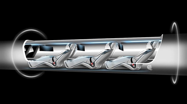 This file image released by Tesla Motors shows a sketch of the Hyperloop capsule with passengers onboard.