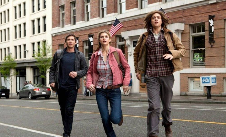 Logan Lerman, Alexandra Daddario and Douglas Smith (on Vancouver's Beatty Street) in a scene from 'Percy Jackson: Sea of Monsters.'.