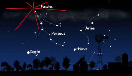 This sky chart depicts the radiant, or the direction from which the Perseids originate.