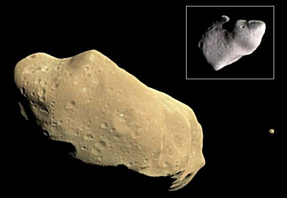 The asteroid Ida and its satellite Dactyl. NASA's WISE spacecraft is being returned to service to hunt for potentially hazardous near-Earth objects as well as asteroids suitable for exploration missions.