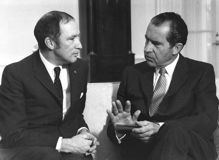 Richard Nixon speaking with Canadian Prime Minister Pierre Trudeau during a visit to the White House, March 1969. 