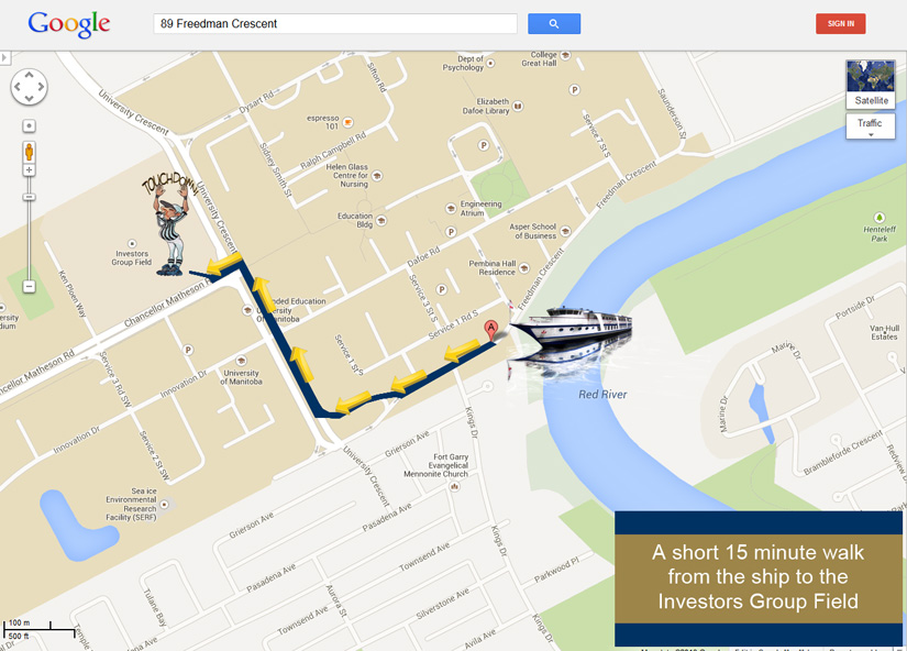 MS River Rouge passengers will walk this approximately 15-minute route to Investors Group Field.