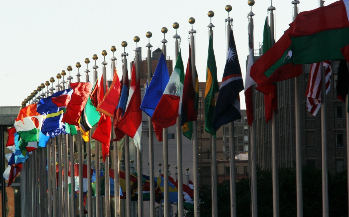 Flags flutter in the wind outside United Nations headquarters in New York 24 September 2007.