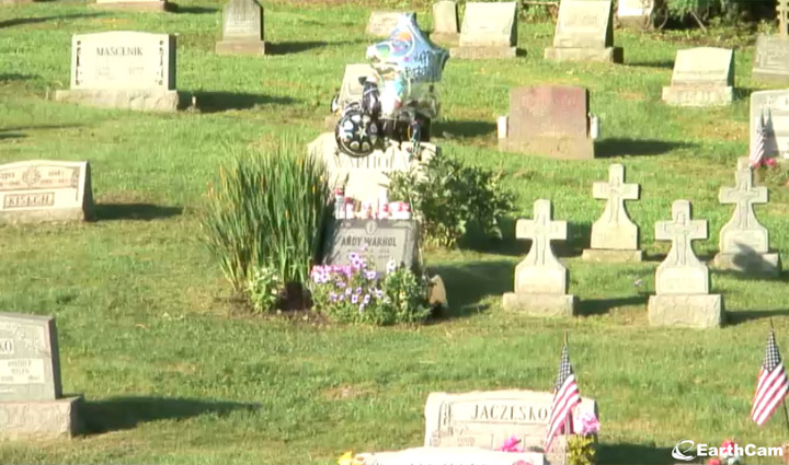 An image from the live feed showing Andy Warhol`s grave.