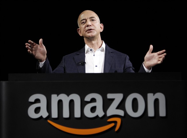 FILE - In this Sept. 6, 2012 file photo, Amazon founder and CEO Jeff Bezos speaks in Santa Monica, Calif. 