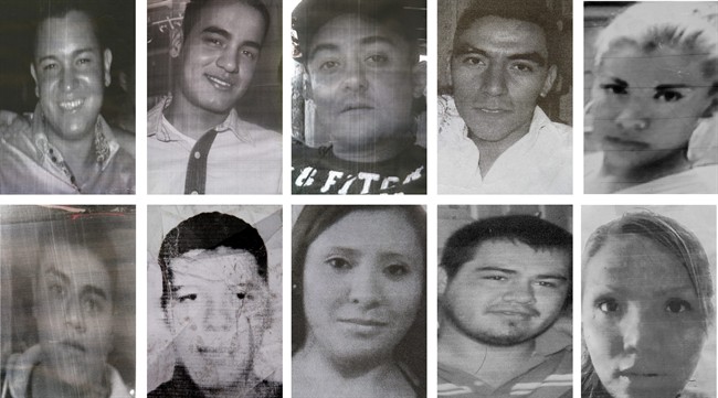 FILE - In this file photo composite of images taken from flyers made by relatives showing 10 of at least 12 young people who were kidnapped in broad daylight from an after hours bar in Mexico City on May 26, 2013.
