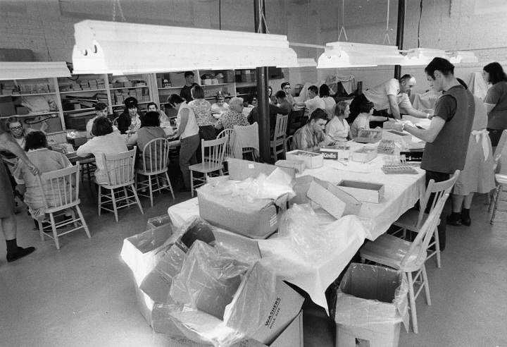Residents of the Ontario Hospital in Orillia (later called the Huronia Regional Centre) at work on sub-contracts, April 6, 1971.