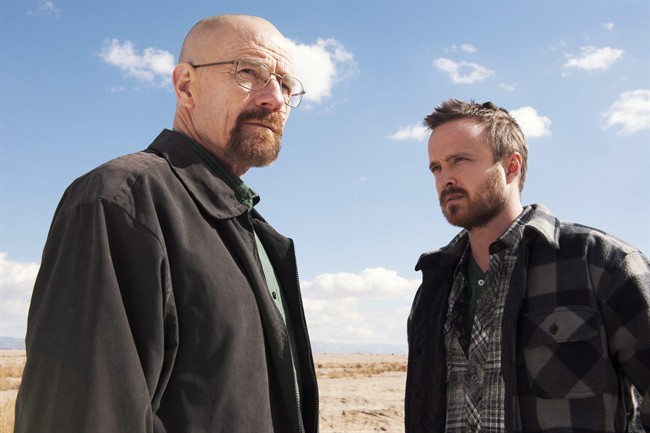 This image released by AMC shows Bryan Cranston, left, and Aaron Paul in a scene from "Breaking Bad." Blue meth received its infamous trademark from the critically acclaimed show, which ended last year.