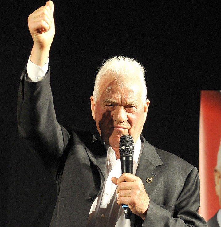 Austrian-Canadian businessman Frank Stronach of his party Team Stronach delivers a speech during the final election campaign in Vienna, Austria, Friday, Sept. 27, 2013. About 6,4 million Austrians are called on to vote for a new parliament on Sunday. 