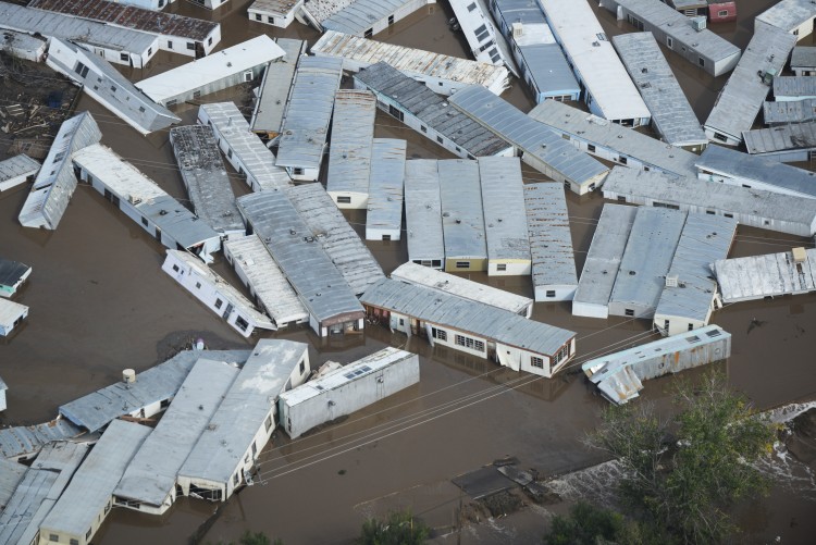 A trailer home storage lot now with floating trailers home after reccent flooding in Weld County Colorado Saturday morning, September 14, 2103. (Photo By Andy Cross/The Denver Post).