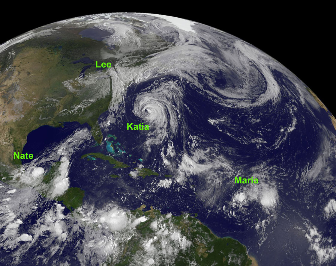 This NOAA satellite  image which was taken on Sept. 8, 2011, shows four tropical systems in the Atlantic.