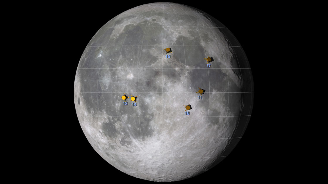 The site of future U.S. National Parks? This map shows all six NASA landing sites on the moon.