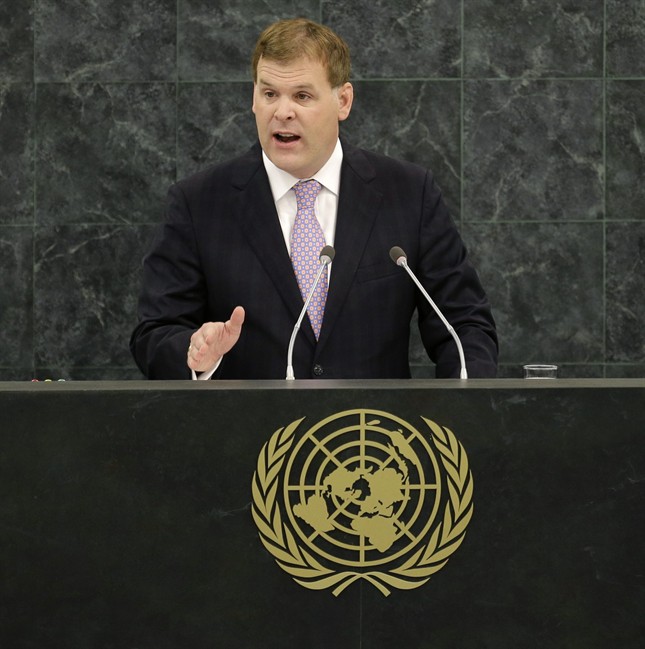 Canadian Foreign Affairs Minister John Baird speaks during the 68th session of the General Assembly at United Nations headquarters, Monday, Sept. 30, 2013.