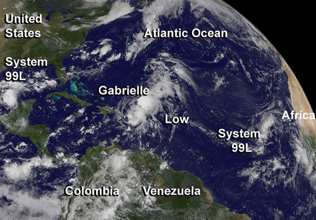 NOAA’s GOES-East satellite captured a view of System 99L (far left), Gabrielle, an unnamed system east of it, and System 98L (far right) on Sept. 5.