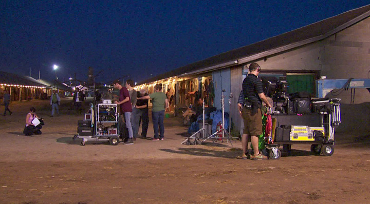 Actors and production crew shooting feature film, Big Muddy, in Saskatoon-area.
