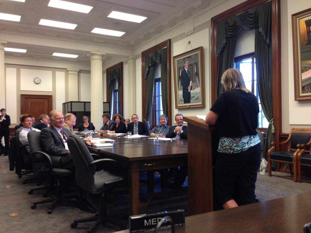 Sandra Trickies speaks at the first night of public hearings for Bill 18.