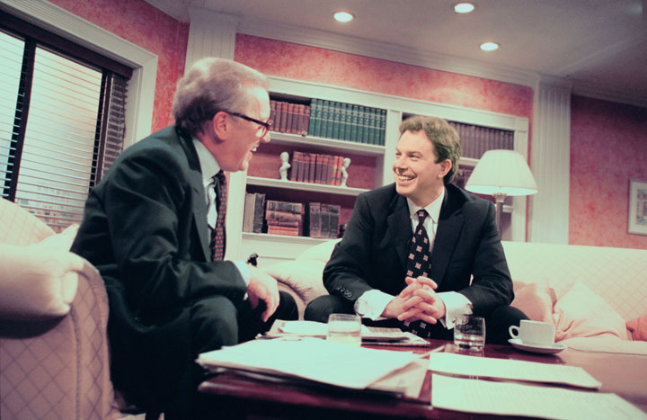 Journalist and TV presenter David Frost (left) interviews Labour Leader of the Opposition Tony Blair on his ‘Breakfast with Frost’ show on BBC TV, London, 12th January 1997. (Photo by Peter Macdiarmid/Getty Images)