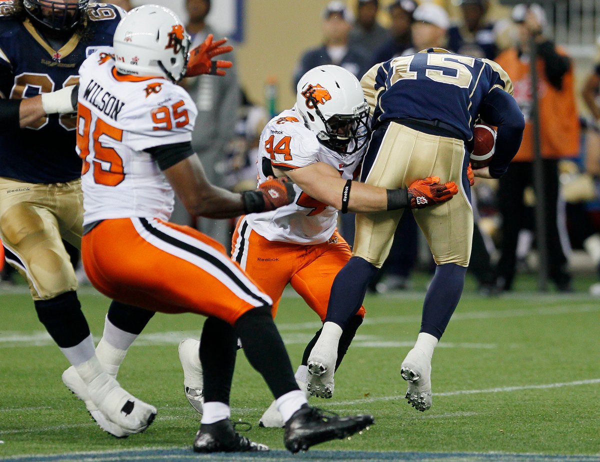 Bombers coach Tim Burke would like to see more play from his defence like that shown by the B.C. Lions Friday. Here, the Lions' Adam Bighill (44) sacks Bombers quarterback Max Hall (15) Friday.