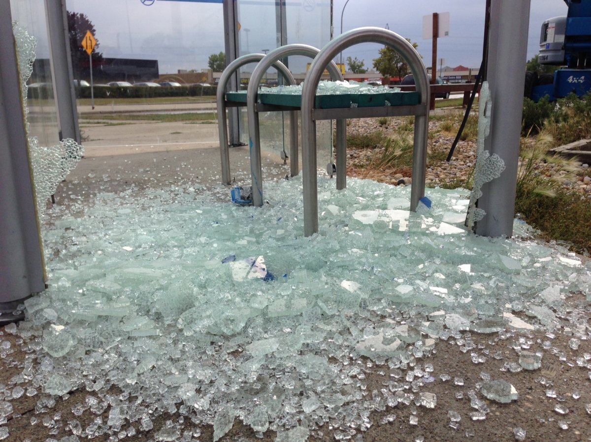 Broken glass at a Winnipeg bus shelter.