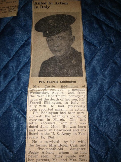 In this photo provided by Donna Gregory is an obit for Pfc. John Farrell Eddington. Seven decades after the Missouri soldier died in World War II, Peggy Smith, the daughter he never met is about to get his Purple Heart medal, along with the emotional letter her father wrote just weeks after her birth, at a ceremony Saturday, Sept. 21, 2013, in Dayton, Nev. 