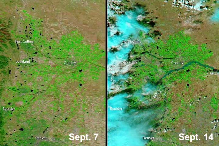A NASA satellite captured Colorado before and after the devastating floods that killed seven people.