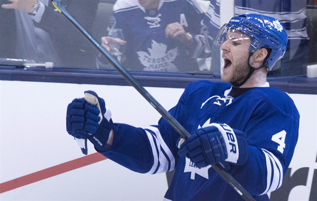 Toronto Maple Leafs defenceman Cody Franson reacts after scoring against the Boston Bruins during first period NHL hockey playoff action in Toronto on Wednesday, May 8, 2013. 