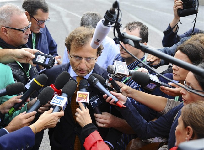 Kercher family lawyer Francesco Maresca talks to reporters as he arrives for the start of U.S. student Amanda Knox's second appeals trial in her British roommate's murder, in Florence, Italy, Monday, Sept. 30, 2013. 