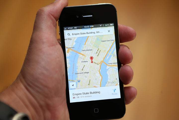 The Google Maps app is seen on an Apple iPhone 4S on December 13, 2012 in Fairfax, California.