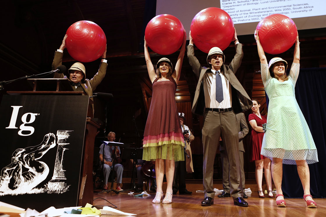 Left to right, Eric Warrant, of Sweden, Emily Baird, of Sweden, Marcus Byrne, of South Africa, and Marie Dacke, of Sweden ,celebrate winning the Biology/Astronomy Prize during the annual Ig Nobel prize ceremony at Harvard University Thursday, Sept. 12, 2013.