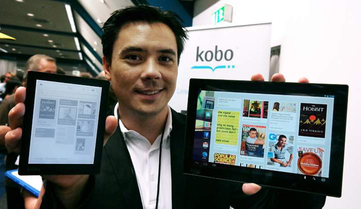Kobo user experience director James Wu with Aura, left, and the Arc 10HD, right.