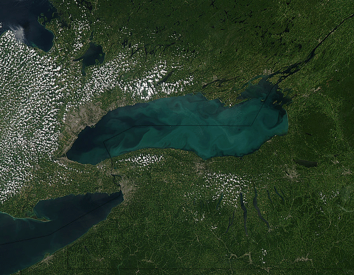 The greenish colour viewed from NASA's Aqua satellite is likely caused by an inorganic process called "whiting" rather than a dangerous algae bloom.