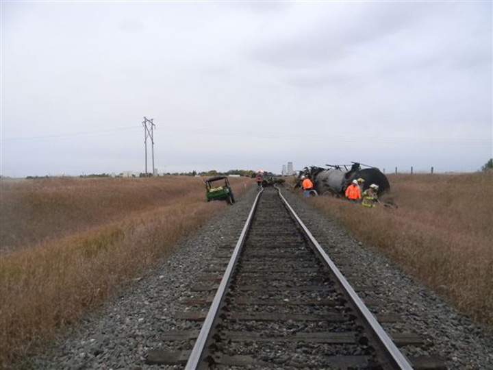 Emergency services currently at derailed train leaking oil just west of Landis, Sask.
