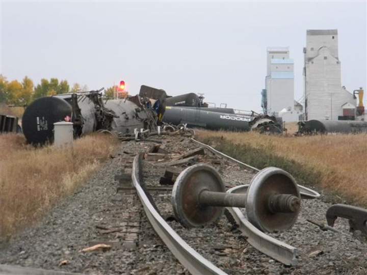 Emergency services currently at derailed train leaking oil just west of Landis, Sask.