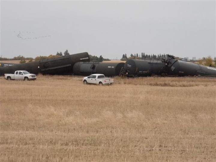 Emergency services currently at derailed train leaking oil just west of Landis, Sask.
