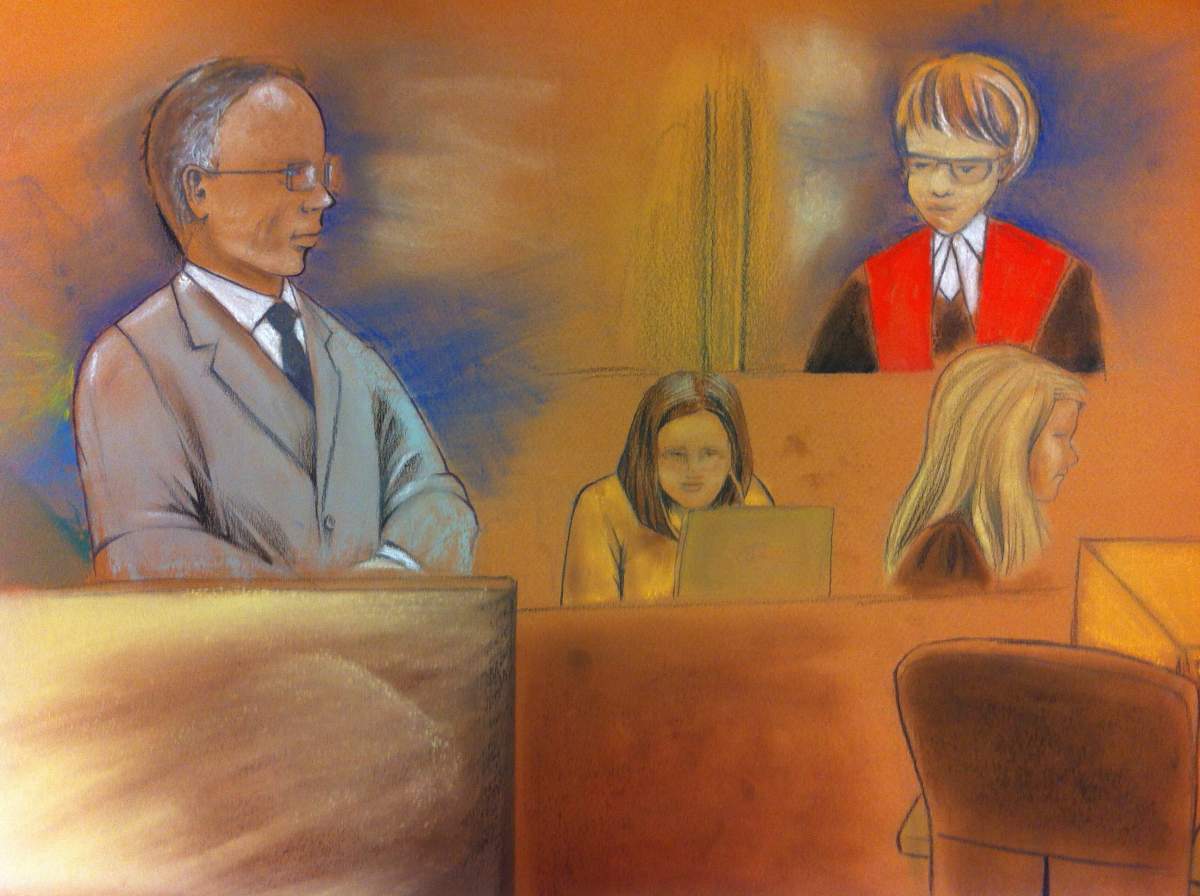 A court sketch of Van Voorthuizen in a Lethbridge court room.